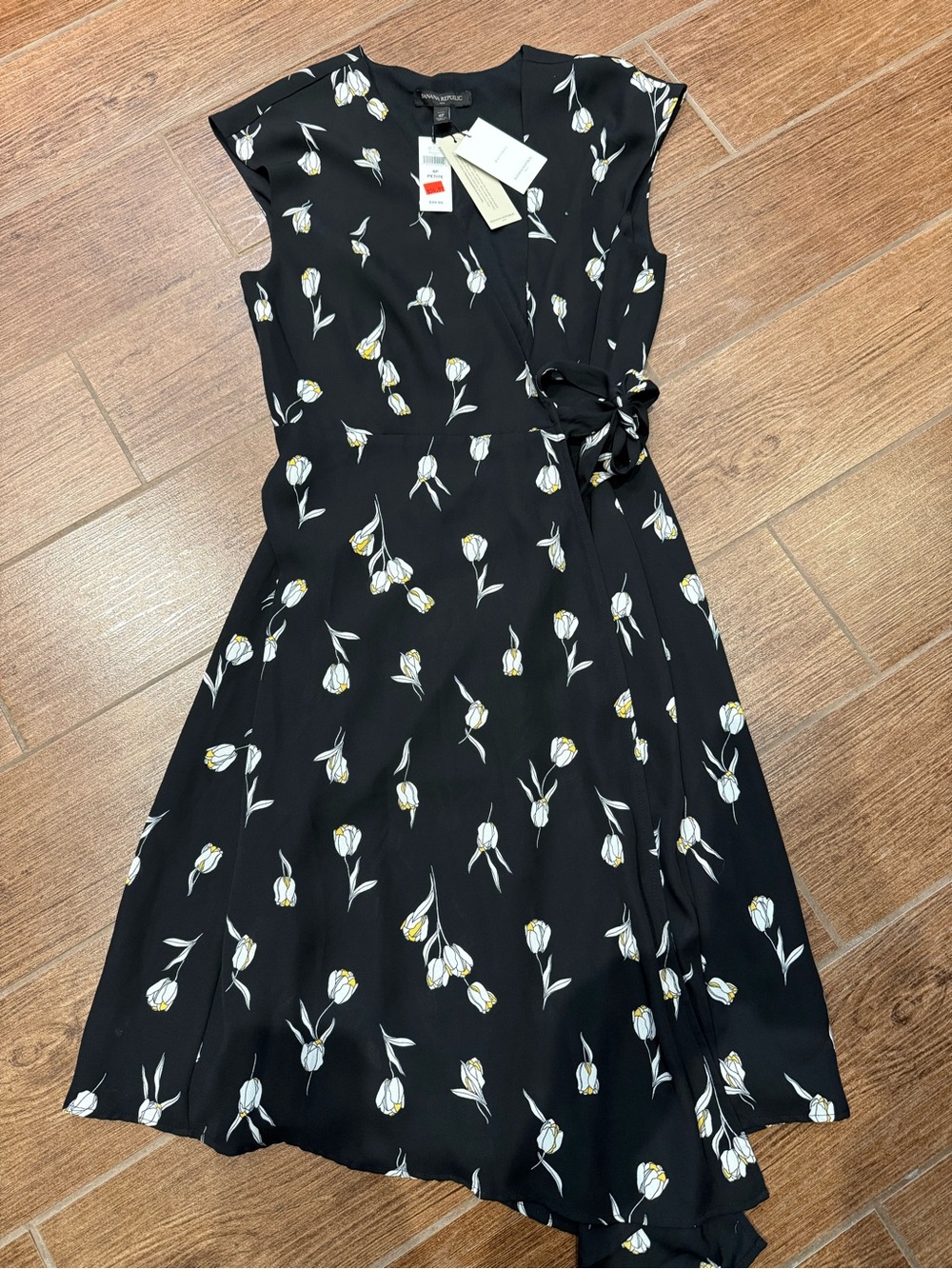 Banana Republic Black Midi Dress with White and Yellow Tulip Print